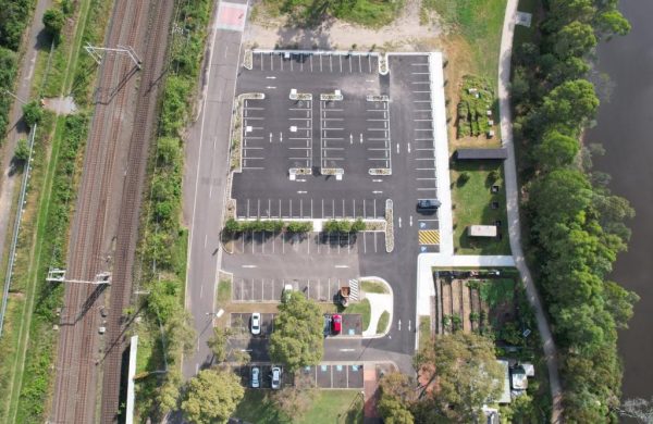 Image shows an ariel view of a parking lot constructed by Asphalt Australia